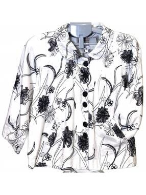 Women's White and Black Floral Button-Up Shirt/Jacket 100%Cotton w/Pockets